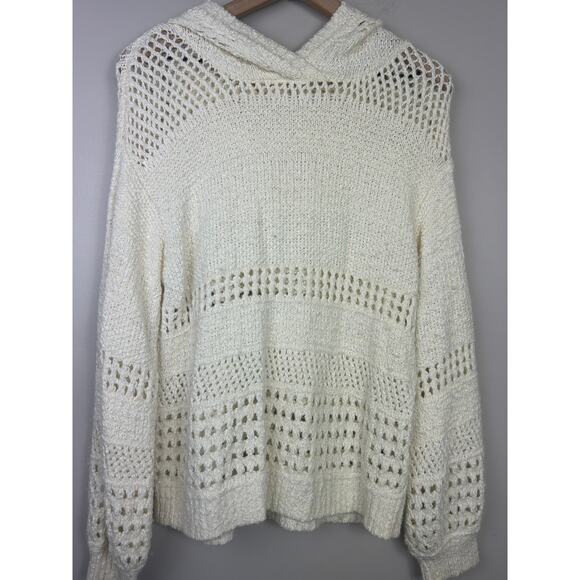 Anthropologie Pointelle Hooded Knit Pullover Sweater Cream Boho Sz Small - Picture 3 of 8
